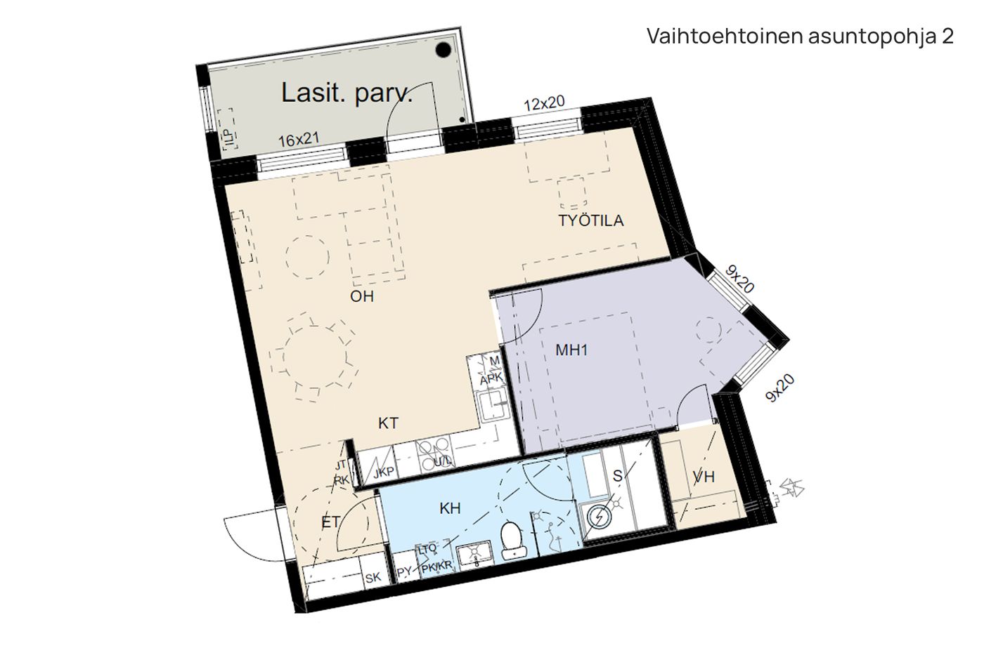 Vaihtoehtoinen asuntopohja 2 (2H+KT+S)