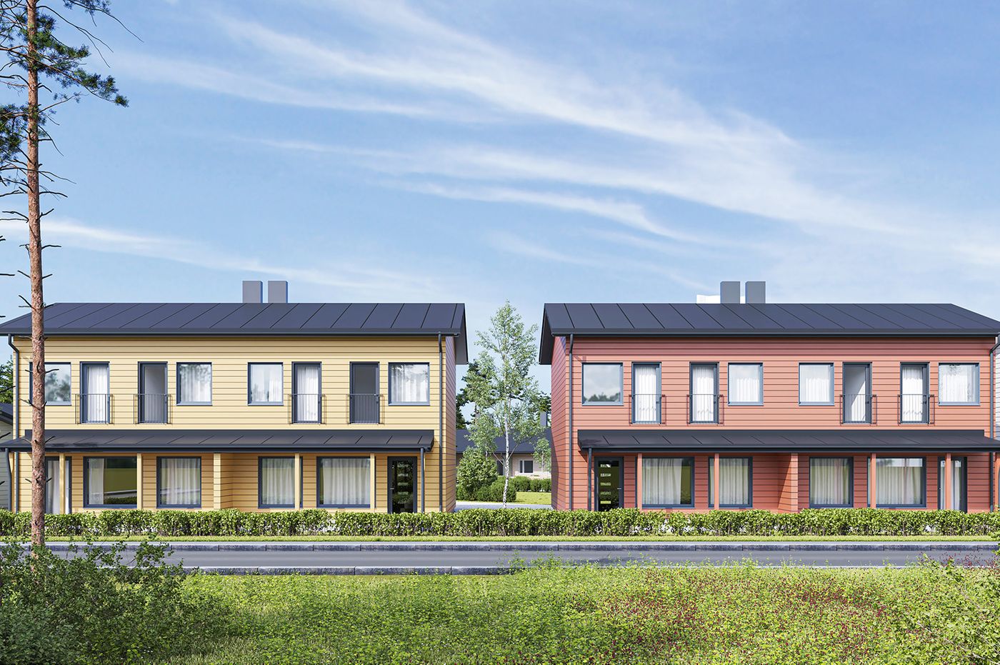 Talojen puujulkisivut sopivat perinteikkään ja pidetyn alueen tyyliin. Viitteellinen kuva kohteesta.