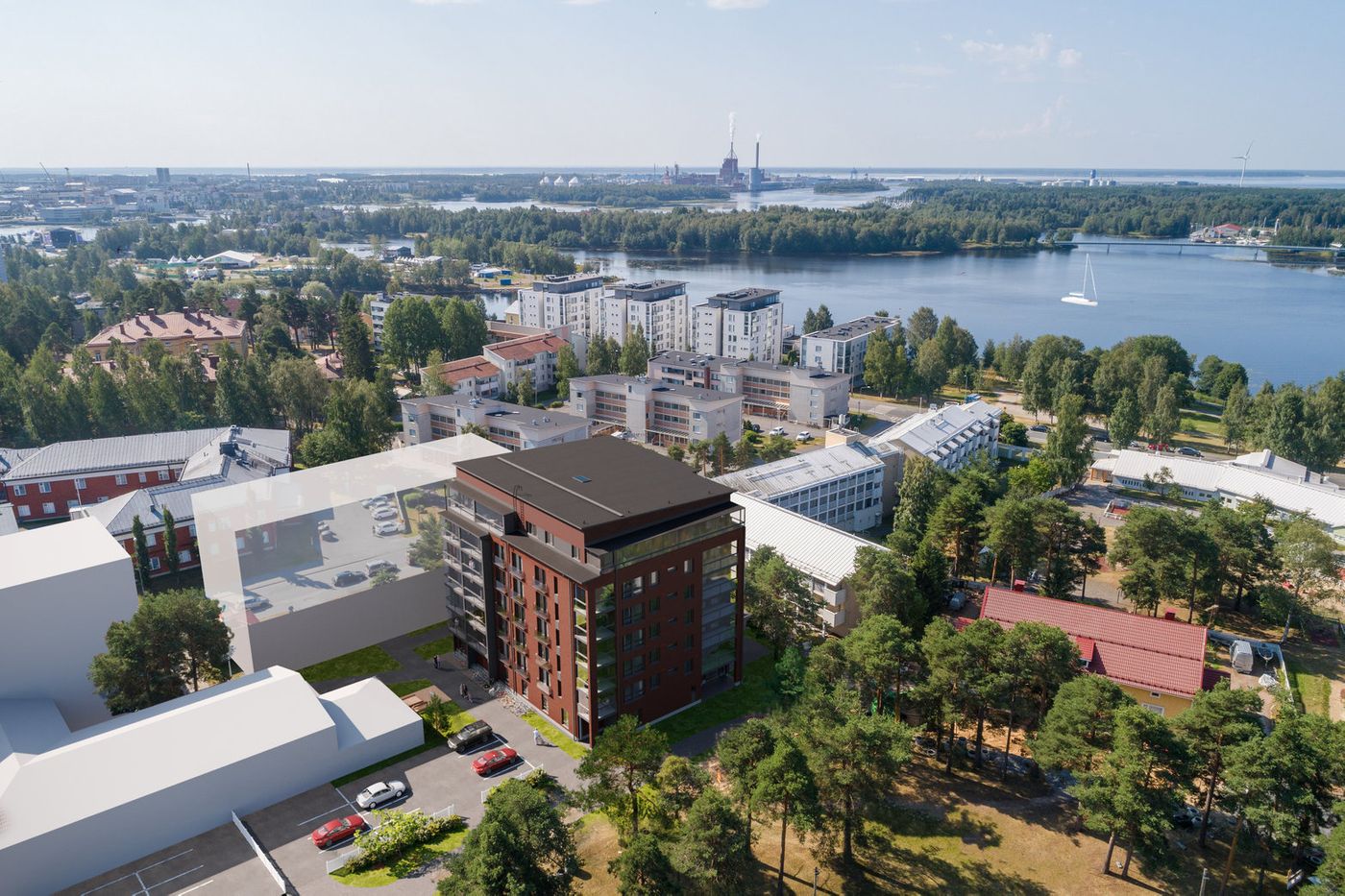 Tontti rajoittuu Kisakentän puistoon ja toisella puolella, ylimmistä kerroksista avautuvat upeat näkymät Oulujoen Hartaanselälle. Viitteellinen kuva.