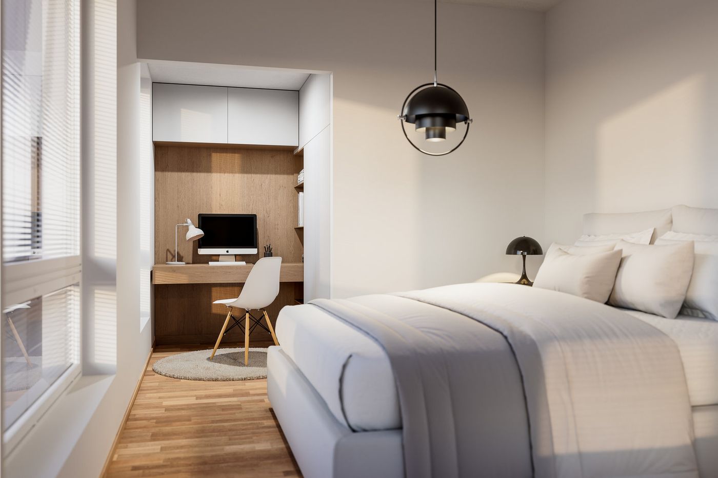 Työpisteitä ja työhuoneita etätyötä varten on mahdollista toteuttaa useampaan eri pohjaan. Vaatehuoneen voi muuttaa isommaksi makuuhuoneeksi tai makuuhuoneen voi muuttaa ruokailutilaksi tai työhuoneeksi. Viitteellinen kuva asunnosta A40.