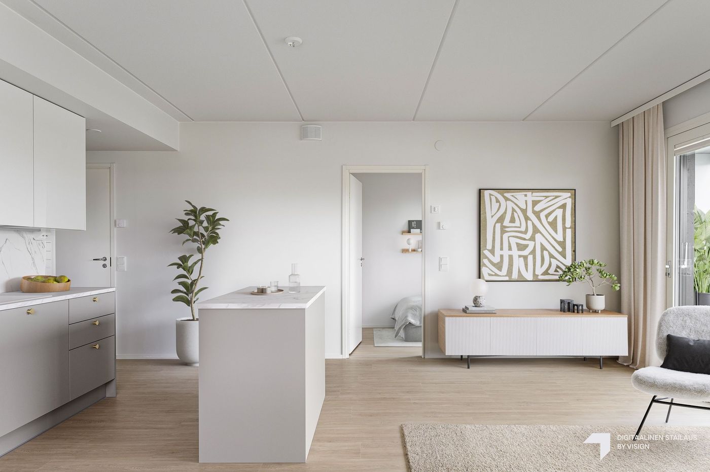 Keittiön väri mahdollisuus vaihtaa. Valokuva asunnosta F29 vaaleammalla keittiökaappisävyllä.