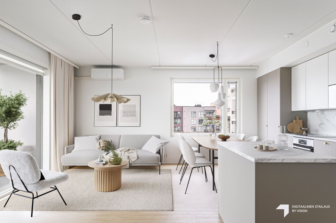 Keittiön väri mahdollisuus vaihtaa. Valokuva asunnosta F29 vaaleammalla keittiökaappisävyllä.